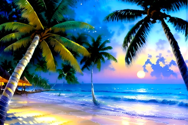 ヤシの木と太陽が照りつける浜辺の絵。