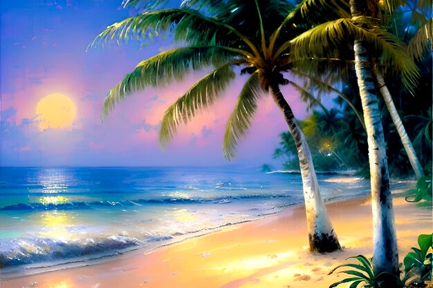 A painting of a beach with palm trees and the sun shining on it