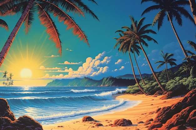 A painting of a beach with palm trees and the sun shining on it.