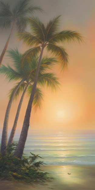 A painting of a beach with palm trees and the sun shining on it.