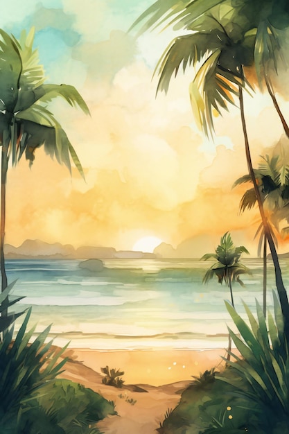 A painting of a beach with palm trees and the sun shining through the clouds.