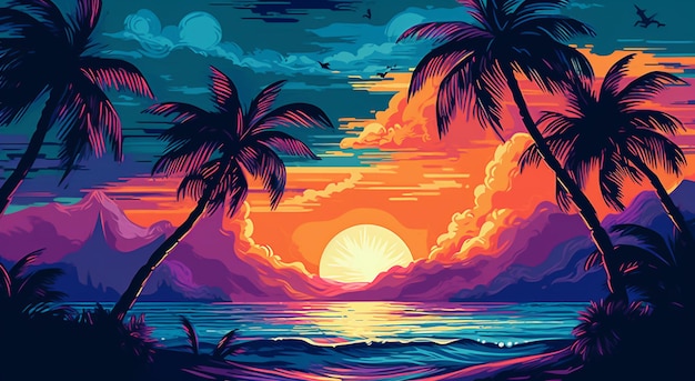A painting of a beach with palm trees and the sun