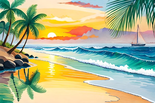A painting of a beach with palm trees and a sunset.