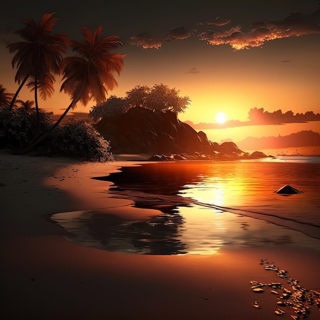 A painting of a beach with palm trees and a sunset.