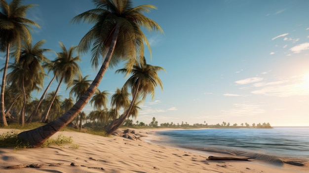 A painting of a beach with palm trees