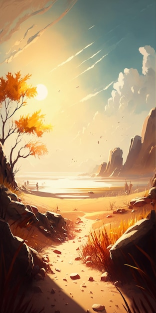 A painting of a beach with a path leading to the sun