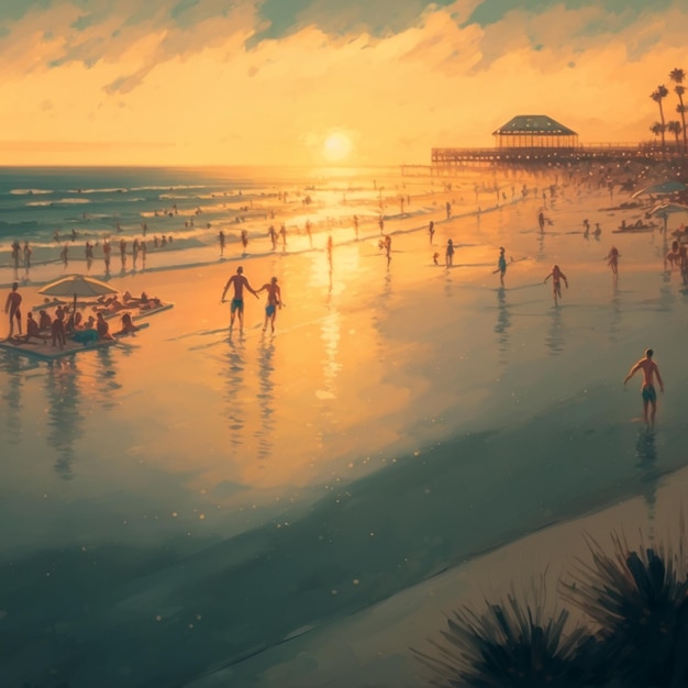 A painting of a beach with people on it and the sun is setting.