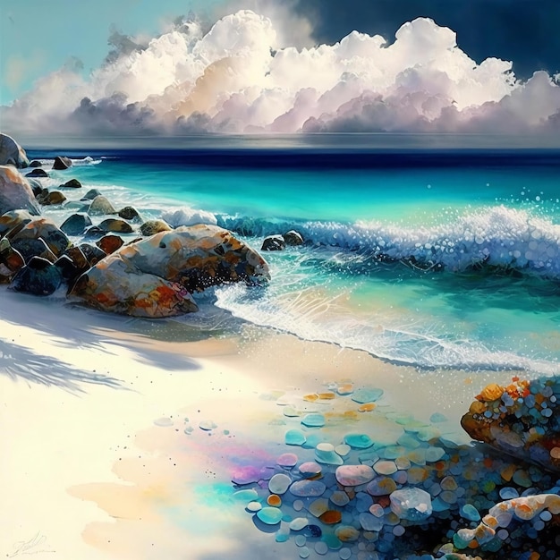 A painting of a beach with rocks and a cloudy sky