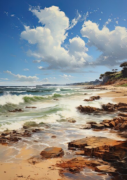 a painting of a beach with rocks and the ocean in the background