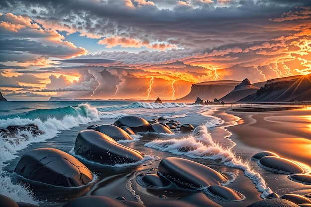 岩のあるビーチとその後ろに沈む夕日を描いた絵