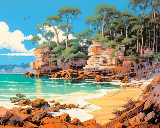 Painting of a beach with rocks and trees on the shore generative ai