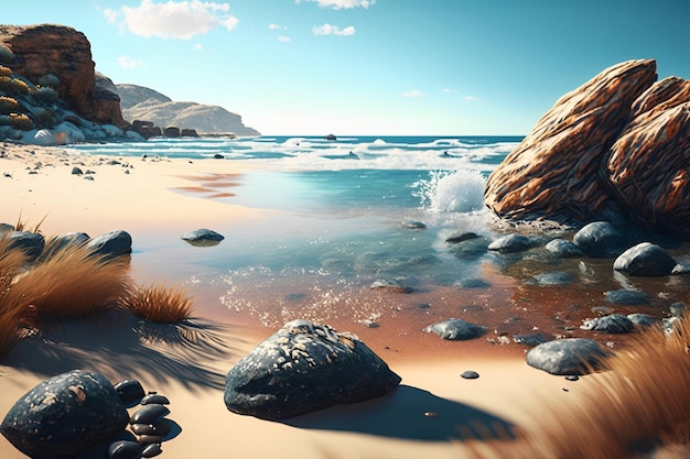 A painting of a beach with rocks and water