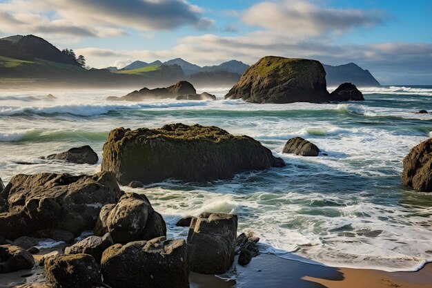 A painting of a beach with a rocky shoreline and a mountain in the background