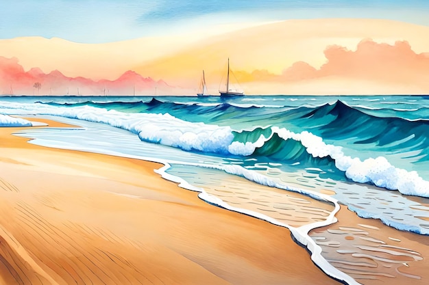 A painting of a beach with a sailboat on the water