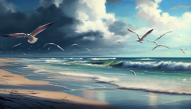 A painting of a beach with seagulls flying over it.