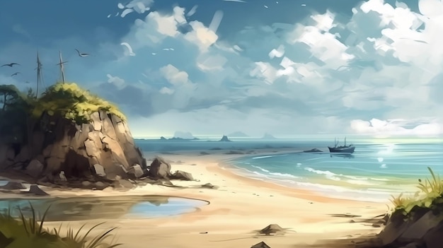 A painting of a beach with a ship on the horizon