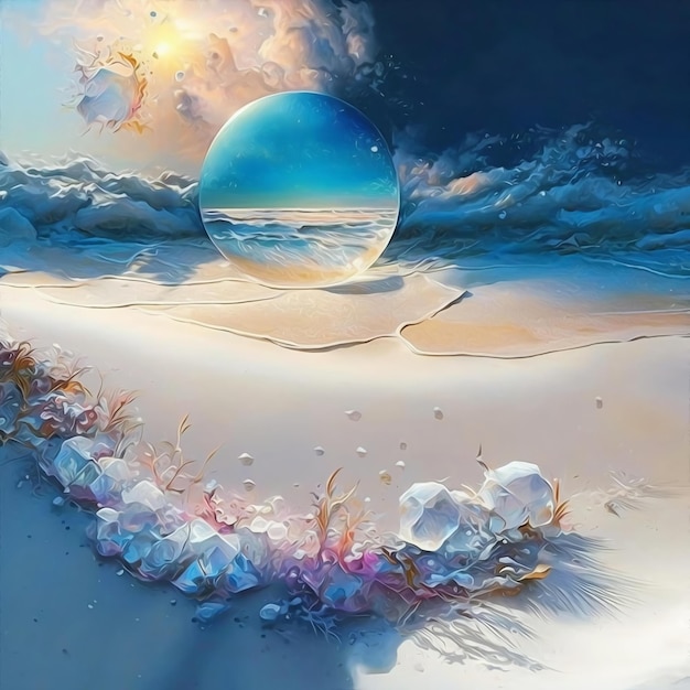 A painting of a beach with a sphere on it