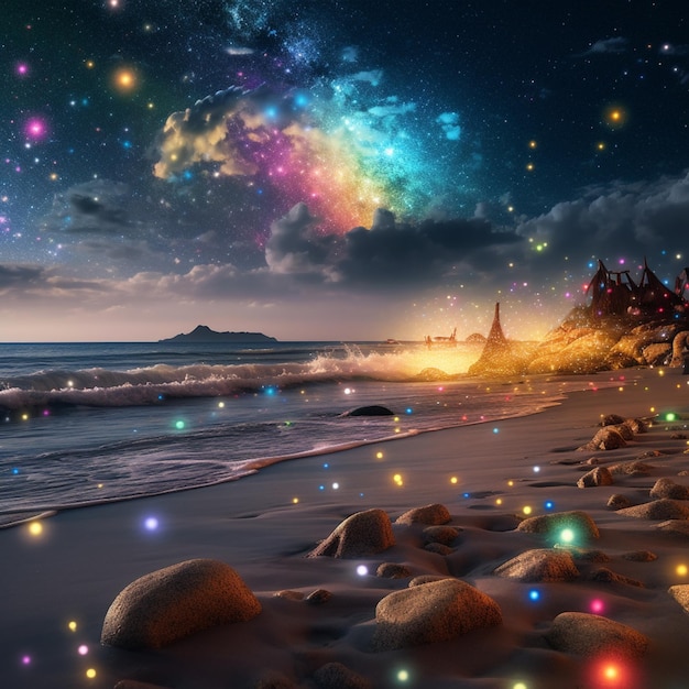 별이 빛나는 하늘과 성을 배경으로 한 해변 그림.