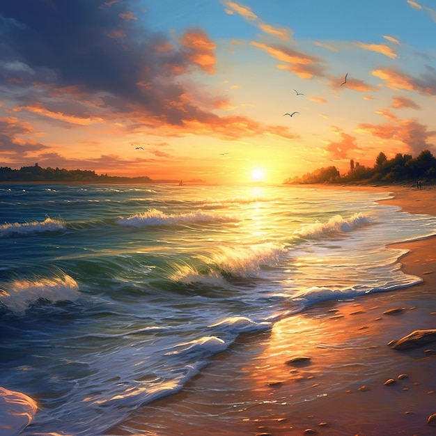 A painting of a beach with the sun setting behind it