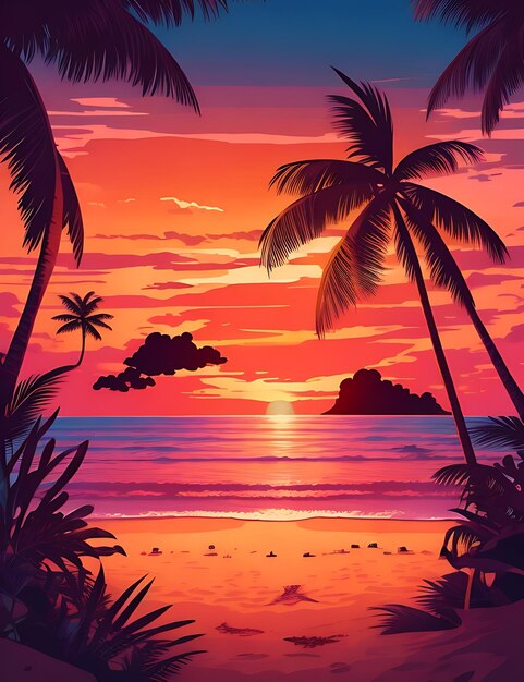 A painting of a beach with a sunset in the background generative ai