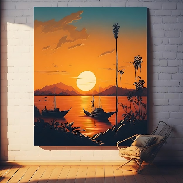 Картина пляжа с заходом солнца на заднем плане