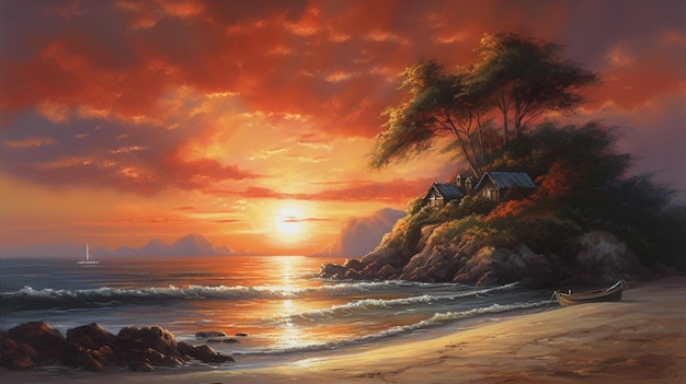 A painting of a beach with a sunset in the background