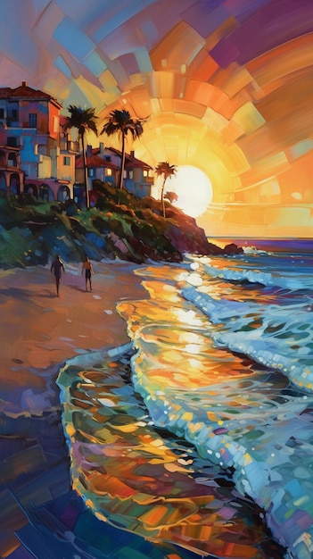 A painting of a beach with a sunset in the background.