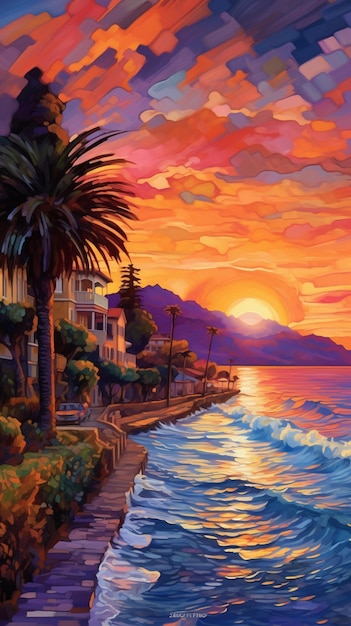 A painting of a beach with a sunset in the background.