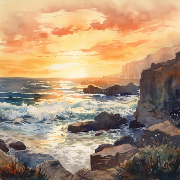 A painting of a beach with a sunset in the background.