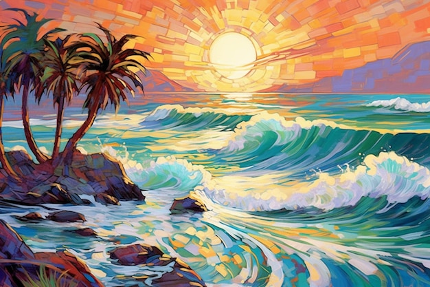 A painting of a beach with a sunset and a palm tree.