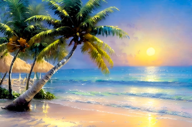 Photo a painting of a beach with a sunset and palm trees