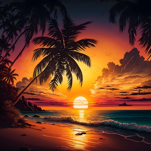 A painting of a beach with a sunset and palm trees.