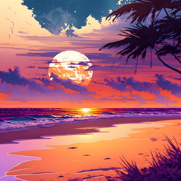 A painting of a beach with a sunset and the sun shining on it.