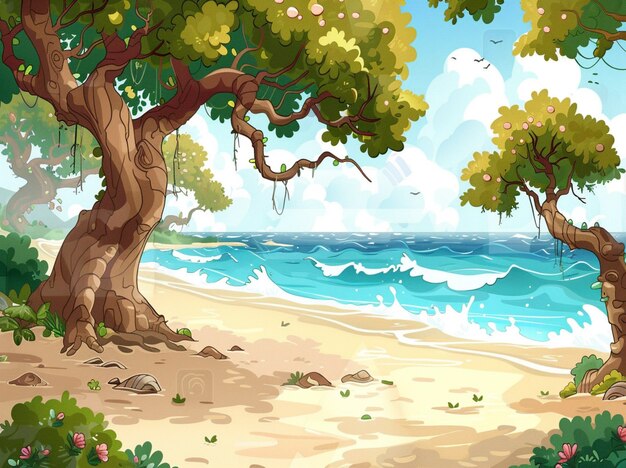 a painting of a beach with a tree with a beach in the background