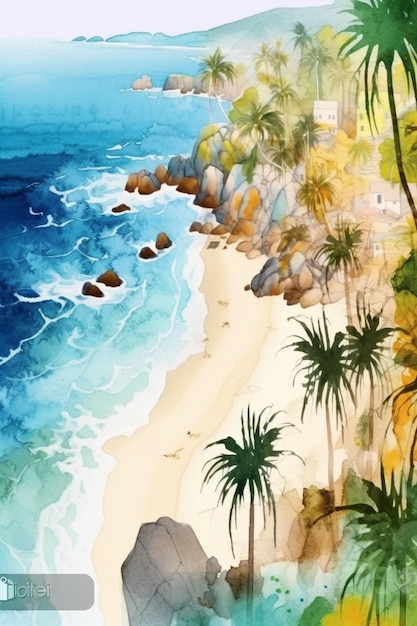 A painting of a beach with a view of the ocean and the words " rio de janeiro ".