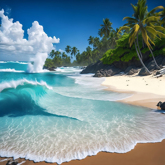 A painting of a beach with a wave breaking on the sand.