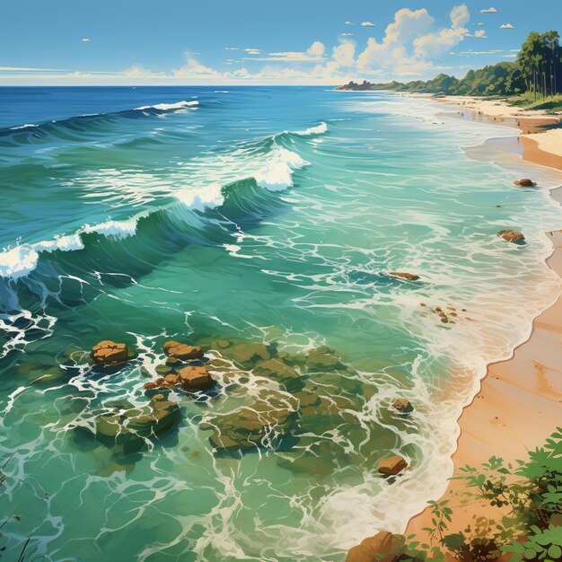 Painting of a beach with waves crashing on the shore and a rocky shore generative ai