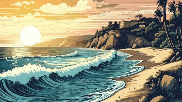 Картина пляжа с разбивающимися о берег волнами.