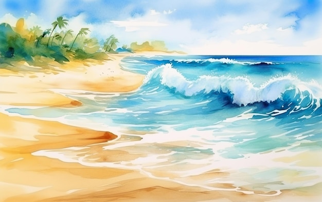 A painting of a beach with waves and palm trees.