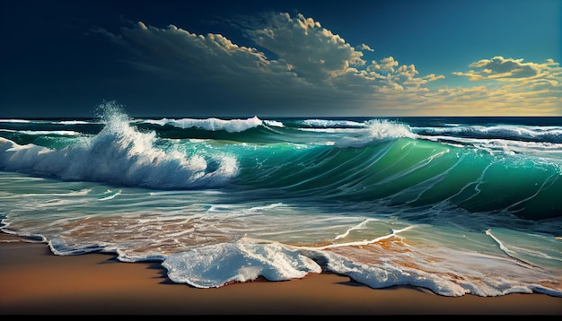 A painting of a beach with waves and the words " ocean " on it.