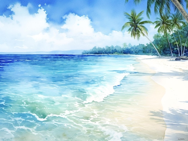 A painting of a beach with a white sand and a blue sky