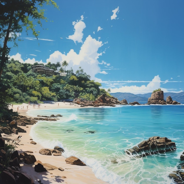 painting of a beach with a white sand and blue water generative ai