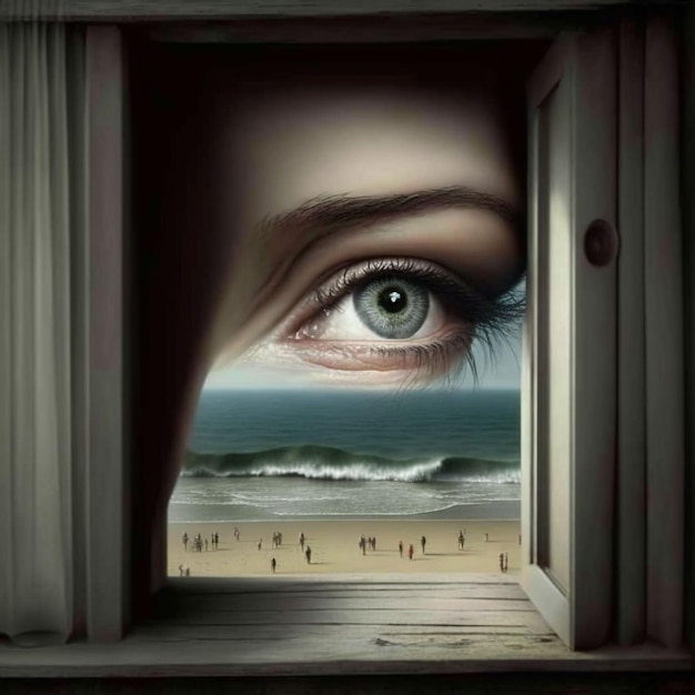 A painting of a beach and a woman's eye