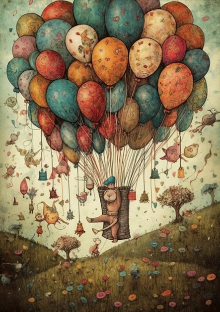 A painting of a bear in a balloon with a bird on it.