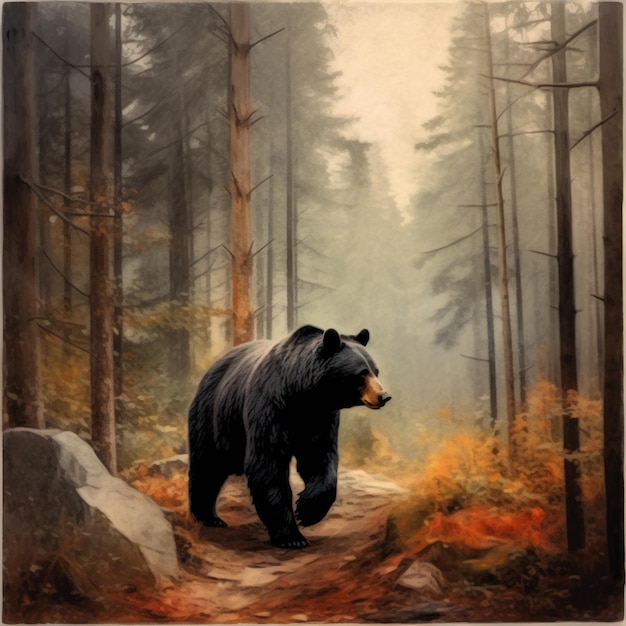 A painting of a bear in a forest with trees and the words " bear ".