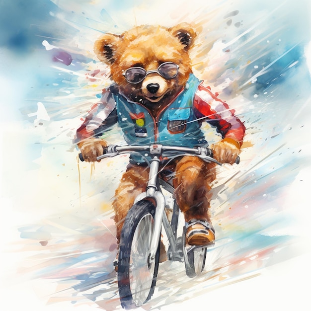 painting of a bear riding a bike with goggles on generative ai