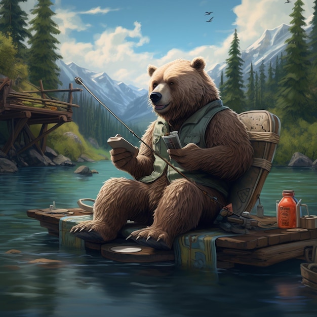 Картина медведя, сидящего на лодке с удочкой, генеративный AI