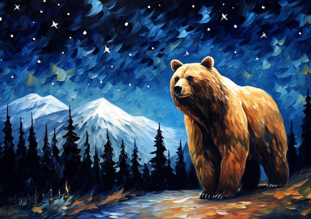 painting of a bear standing in front of a mountain at night generative ai