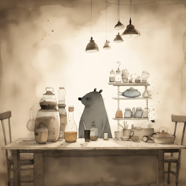 A painting of a bear on a table with various items on it.