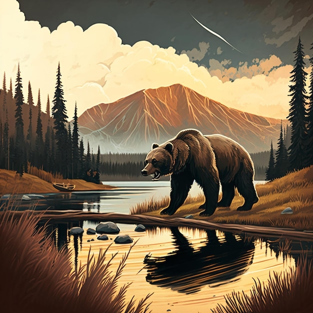 Painting of a bear walking across a river in a forest generative ai